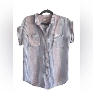 Women’s navy and red stripe button up shirt.